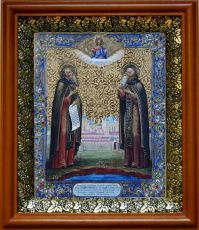 Икона Зосима и Савватий в киоте с басмой Виноградная Лоза (UV-печать)(33078)