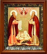 Икона Зосима и Савватий Соловецкие в киоте с басмой Виноградная Лоза (UV-печать)(30405)
