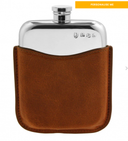 Фляжка прямоугольная с закругленными углами в кожаном чехле "Классика"- .6oz Pewter Hip Flask with Genuine Tan Leather Pouch