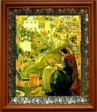 Икона Меркурий Смоленский в киоте с басмой Виноградная Лоза (UV-печать)(30613)