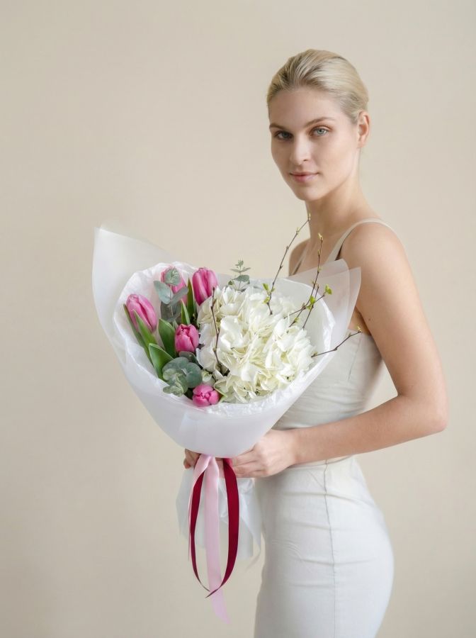 Букет комплимент с тюльпанами и гортензией #1821