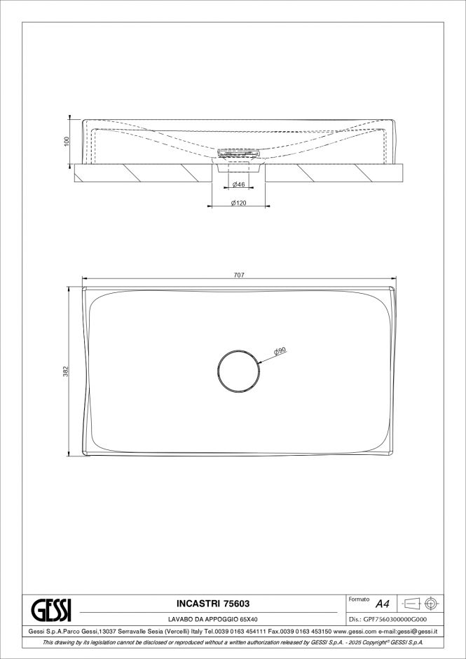 Накладная раковина прямоугольная Gessi Incastri 75603 65х40 см ФОТО