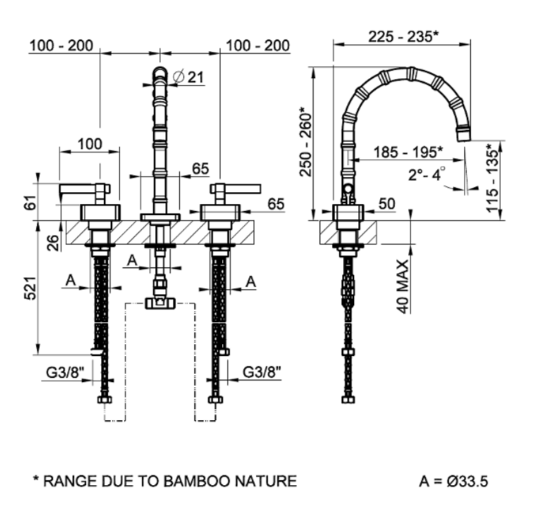 Смеситель для раковины Gessi Jacqueline 77211 с низким изливом и Г-образным вентилем под дерево на 3 отверстия ФОТО
