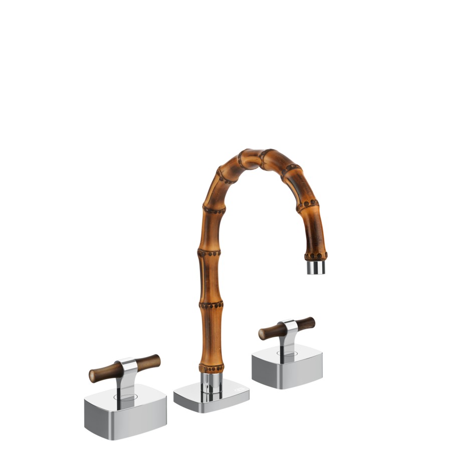 Изображение Смеситель для раковины Gessi Jacqueline 77213 с низким изливом и Т-образным вентилем под дерево на 3 отверстия