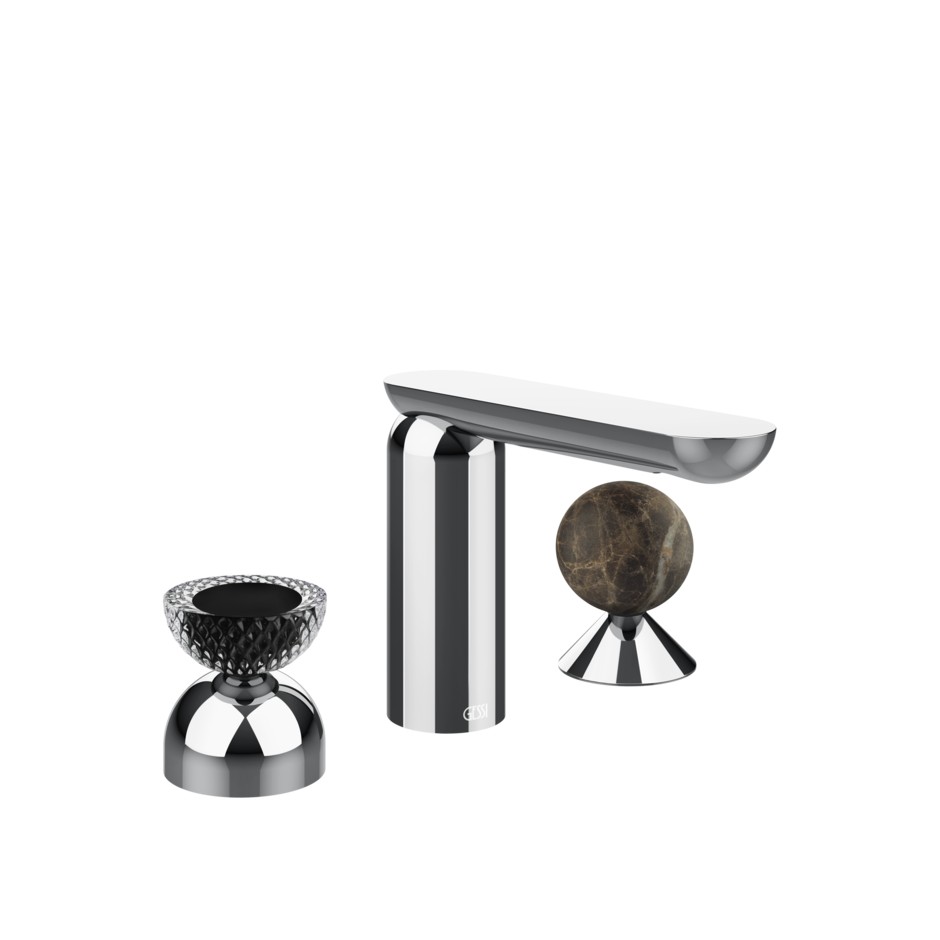 Смеситель для раковины Gessi Perle 74718 без донного клапана с вентилем-полусферой из муранского стекла Balloton и вентилем-сферой из мрамора Emperador Dark ФОТО