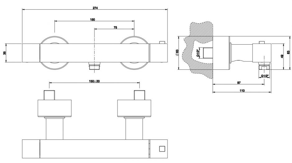 Смеситель термостатический Gessi Rettangolo для душа 19431 без излива ФОТО