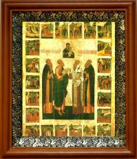 Икона Савва Крыпецкий, Евфросин Псковский, Савва Сербский и Иоанн Богослов в киоте с басмой Виноградная Лоза (UV-печать)(30816)
