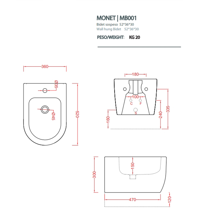 Подвесное биде Artceram Monet 36x52 MNB001 ФОТО