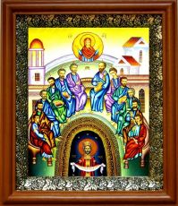 Икона Сошествие Святого Духа на апостолов в киоте с басмой Виноградная Лоза (UV-печать)(30905)