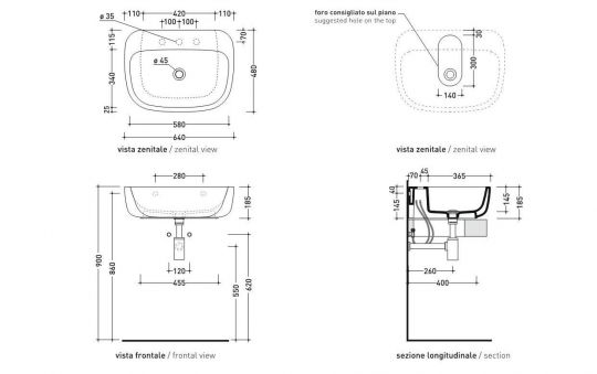 Подвесная раковина Flaminia Mono 64 Countertop Basin 64х51 схема 3 Подвесная раковина Flaminia Mono 64 Countertop Basin 64х51 схема 3