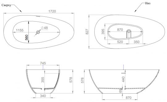 Белая ванна из искусственного камня Salini Paola Bassa 172x82 S-sense схема 3