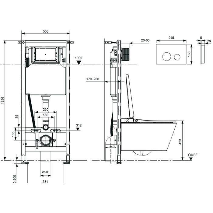 Инсталляция комплект с унитазом-биде Tece TECEspring Smart L S955797 с кнопкой смыва ФОТО
