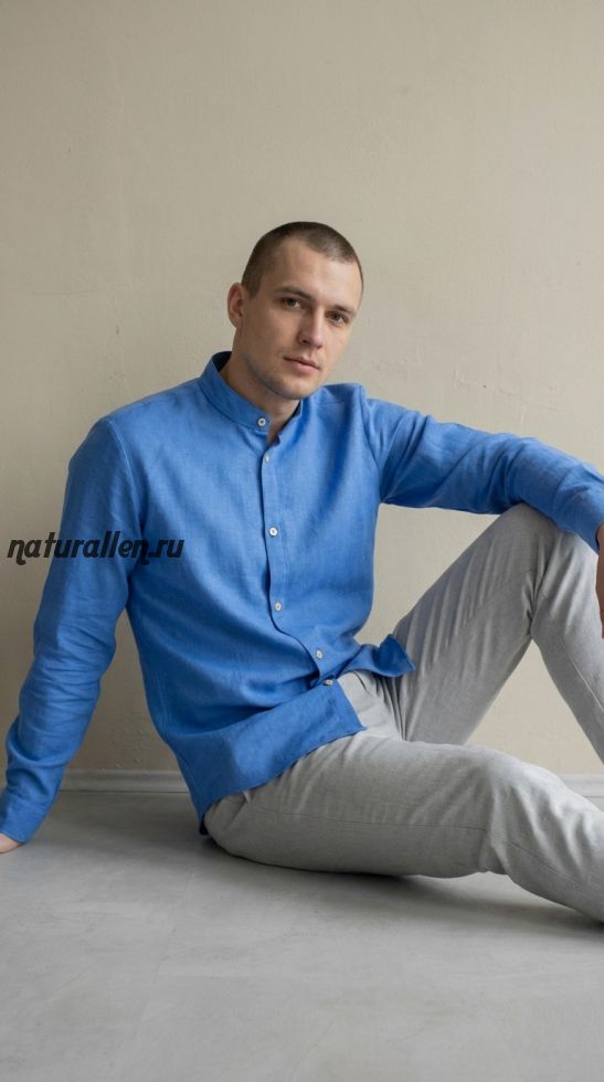 Сорочка мужская льняная  длинный рукав Васильковая
