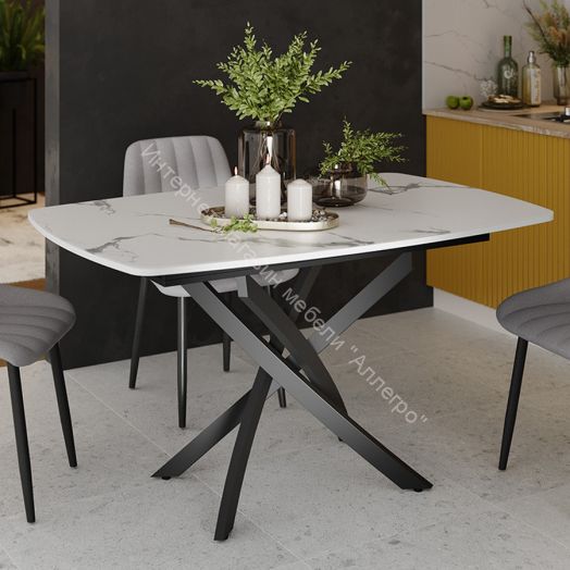 Стол обеденный раздвижной «Ниагара» Тип 1 Черный муар, Стекло матовое белый мрамор