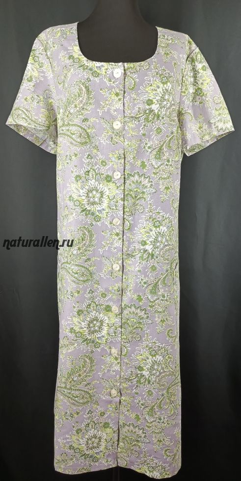 Платье домашнее  сиренево-зеленое  (полулён)