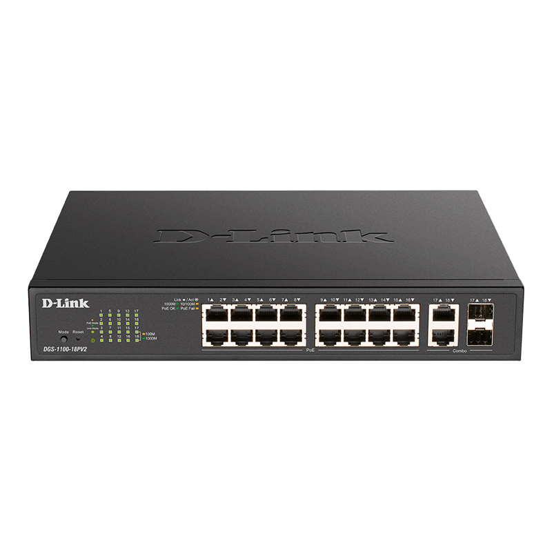 Коммутатор D-Link DGS-1100-18PV2 16-PoE Smart 18-ports, DGS-1100-18PV2/A3A