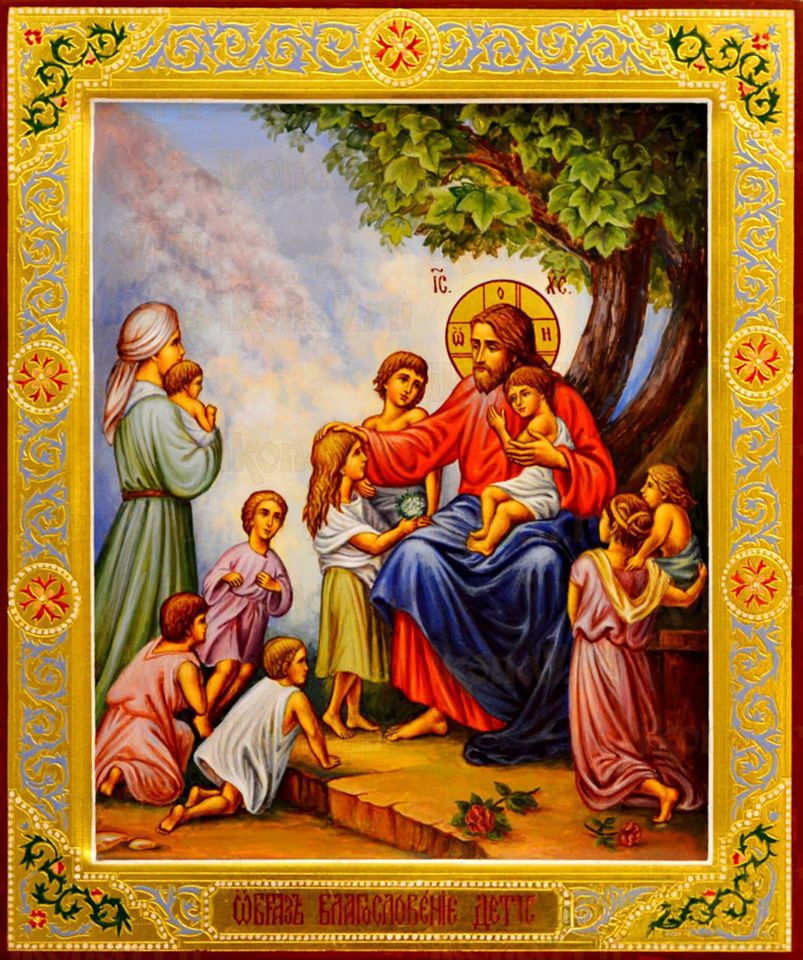 Рукописная икона Иисус Христос и дети на липовой доске (22410)