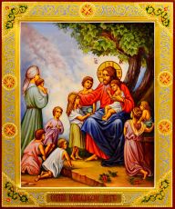 Рукописная икона Иисус Христос и дети на липовой доске (22410)