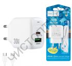 СЗУ HOCO CS55A выход Type-C PD30W + USB QC3.0 с кабелем Type-C белое
