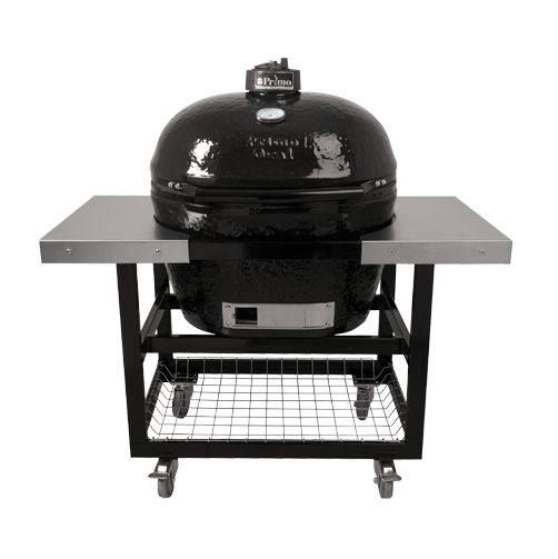 Керамический угольный гриль Primo Oval XL 400, 64 см, на столе с металлическими столешницами