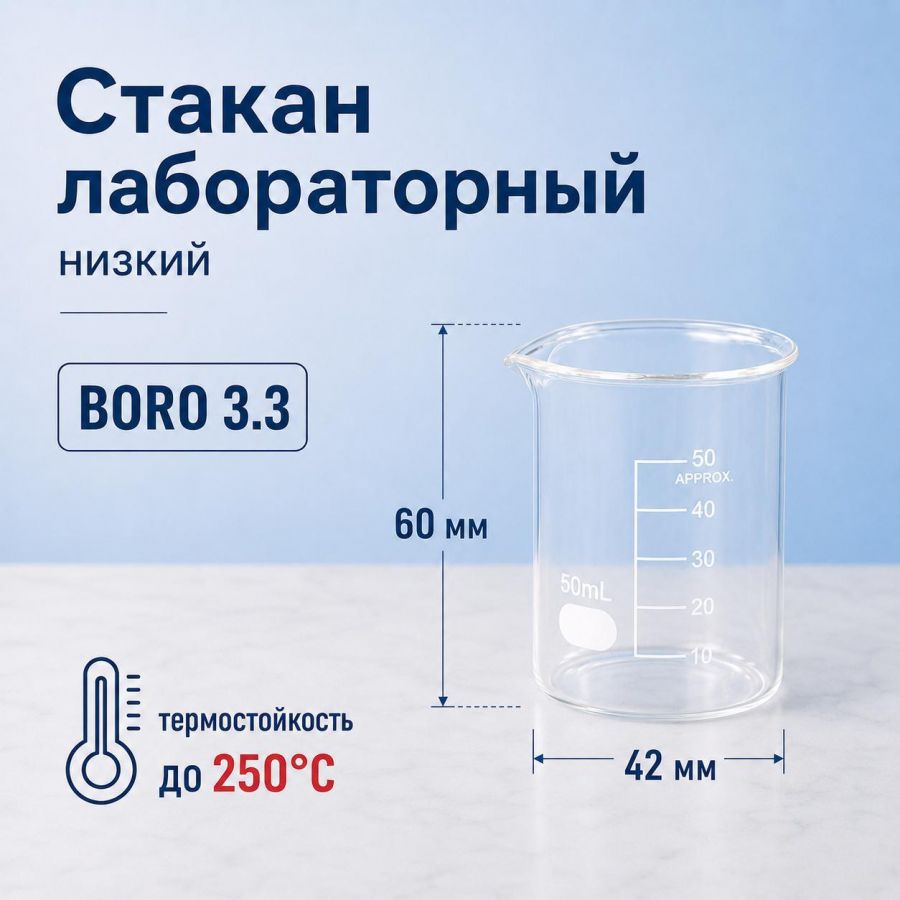 Стакан лабораторный низкий Labdevices Н-1-50, 50 мл, стекло Boro 3.3, градуированный