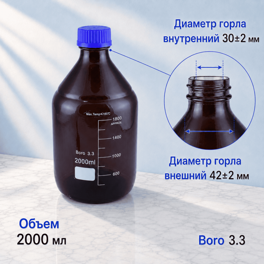 Банка для реактивов Labdevices GL45, 2000 мл, стекло Boro 3.3, темное стекло, с винтовой крышкой, градуированная