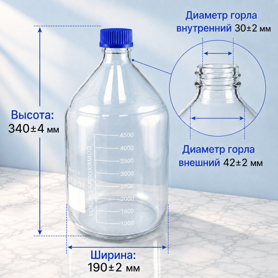 Банка для реактивов Labdevices GL45, 5000 мл, стекло Boro 3.3, светлое стекло, с винтовой крышкой, градуированная