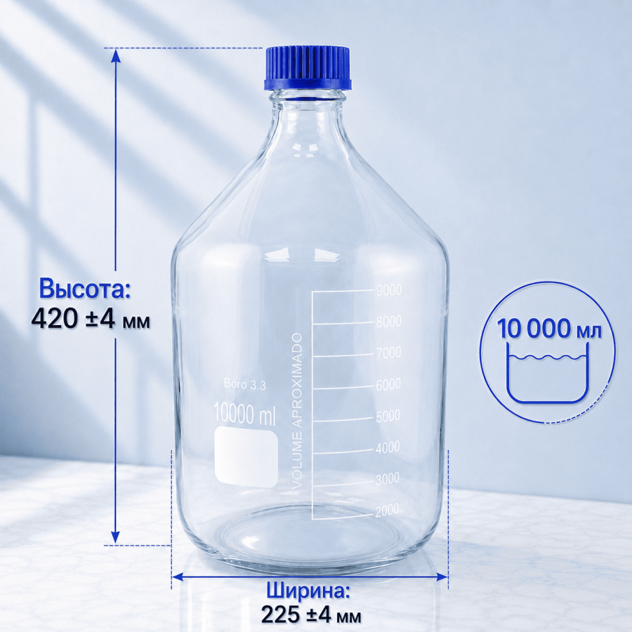 Банка для реактивов Labdevices GL45, 10000 мл, стекло Boro 3.3, светлое стекло, с винтовой крышкой, градуированная