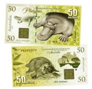50 долларов — Утконос. Животные Австралии. Platypus Australia. Памятная банкнота. UNC Oz Msh Ям WB