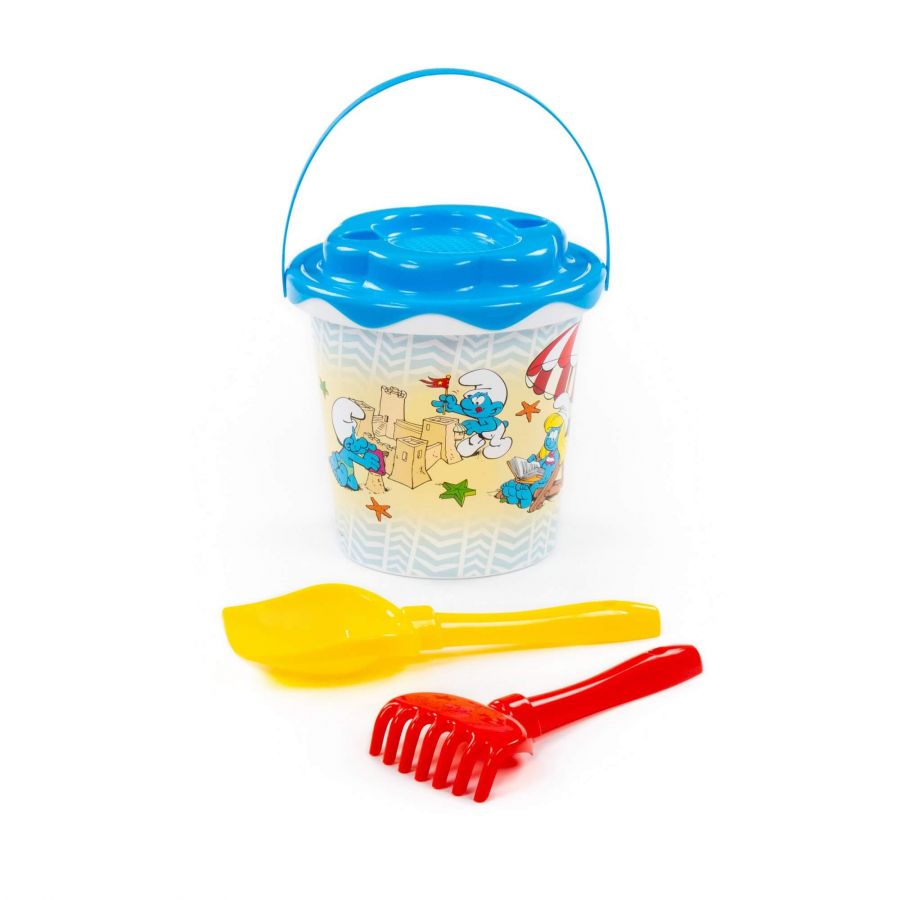 "Смурфики-1" набор №1: ведро с наклейкой, ситечко "Солнышко", лопатка №5, грабельки №5