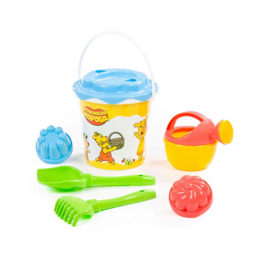 Набор "Оранжевая корова" №5: ведро с наклейкой, ситечко "Солнышко", лопатка №5, грабельки №5, 2 формочки, лейка малая №4