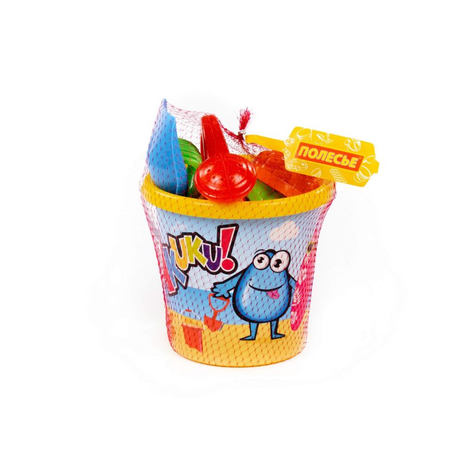 Набор №124: ведро с наклейкой, лопатка №5, грабельки №5, 2 формочки, лейка большая