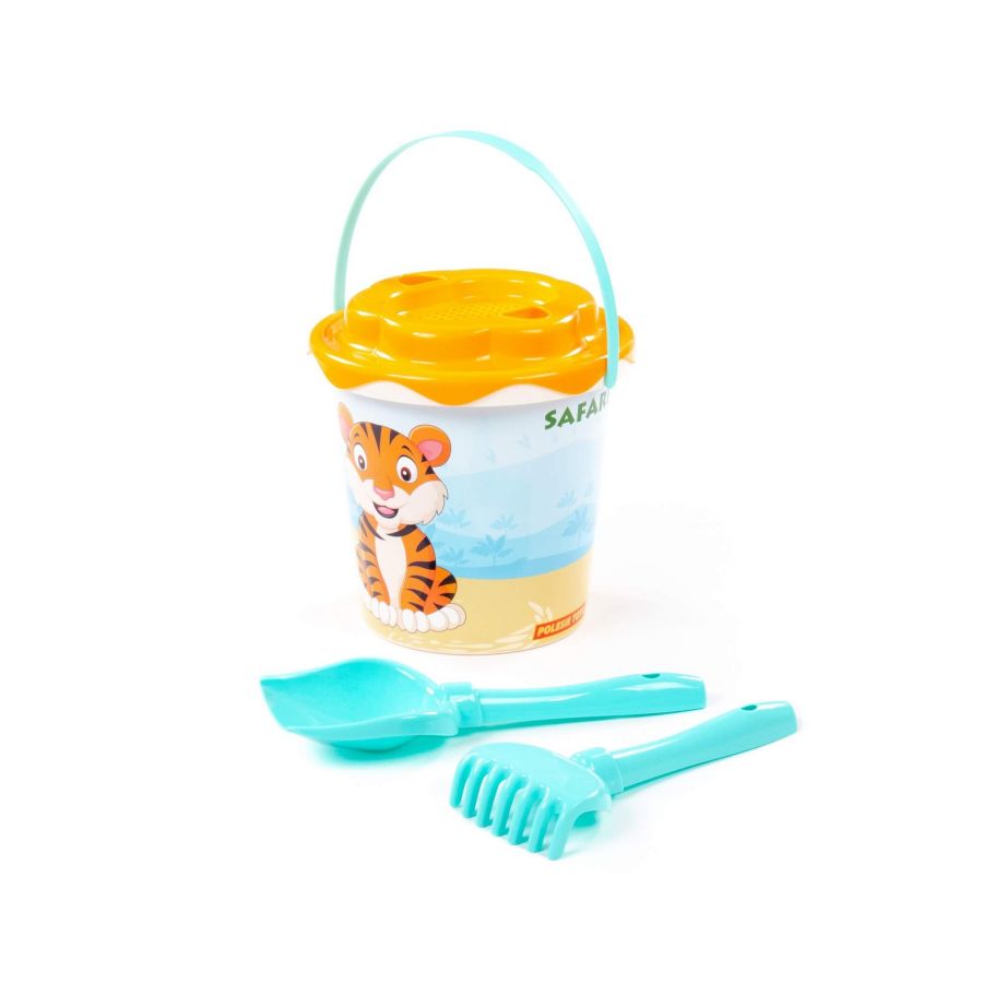 Набор №653 сафари: ведро с наклейкой, ситечко "Солнышко", лопатка №5, грабельки №5