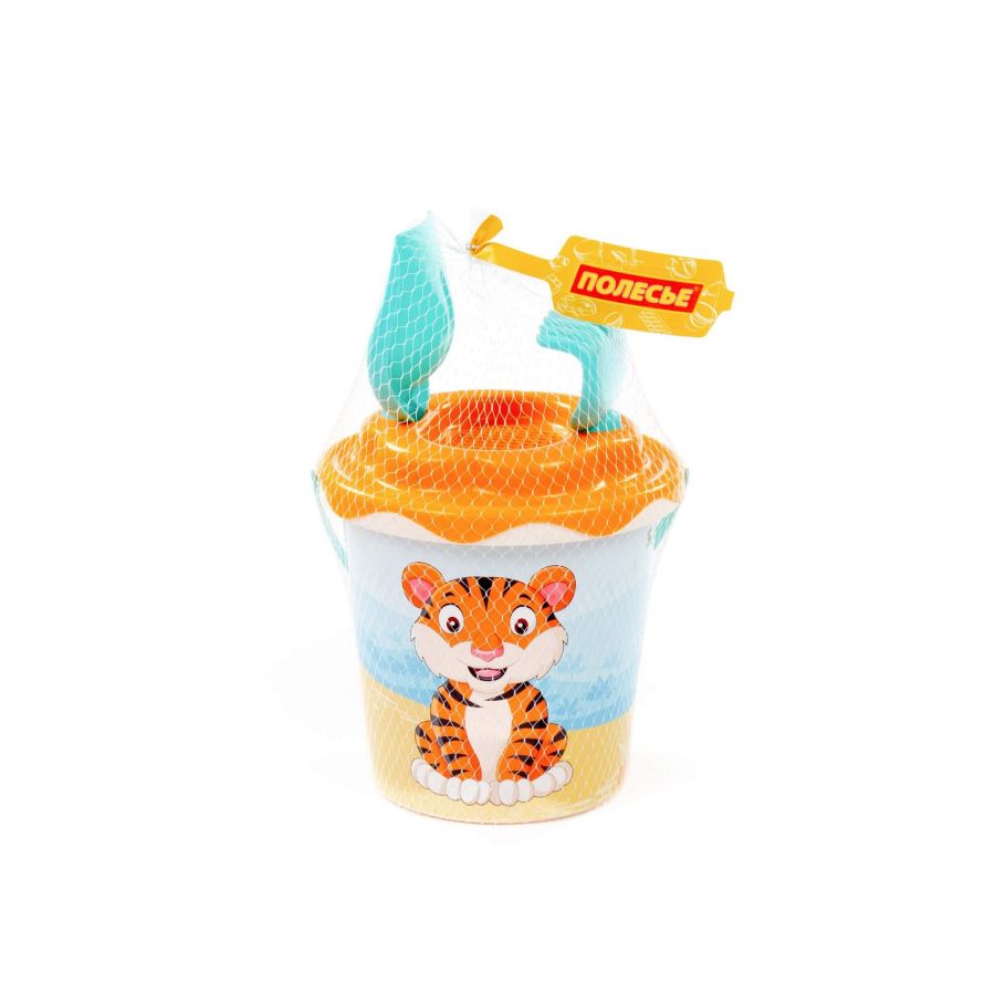 Набор №653 сафари: ведро с наклейкой, ситечко "Солнышко", лопатка №5, грабельки №5