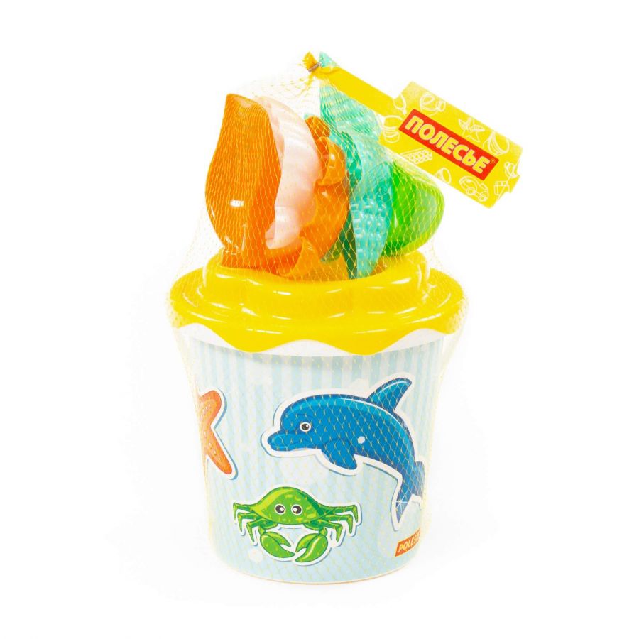 Набор №357: ведро с наклейкой, ситечко "Солнышко", лопатка №5, грабельки №5, формочки (морская звезда №1 + ракушка №1 + черепаха)