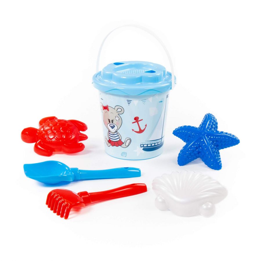 Набор №357: ведро с наклейкой, ситечко "Солнышко", лопатка №5, грабельки №5, формочки (морская звезда №1 + ракушка №1 + черепаха)