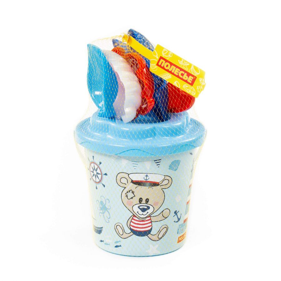 Набор №357: ведро с наклейкой, ситечко "Солнышко", лопатка №5, грабельки №5, формочки (морская звезда №1 + ракушка №1 + черепаха)