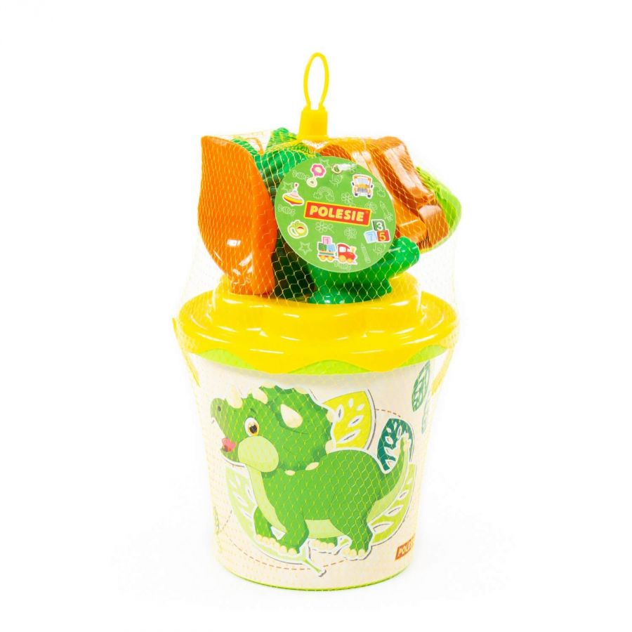 Набор №358: ведро с наклейкой, ситечко "Солнышко", лопатка №5, грабельки №5, формочки (тигр + мамонт + динозавр №1)