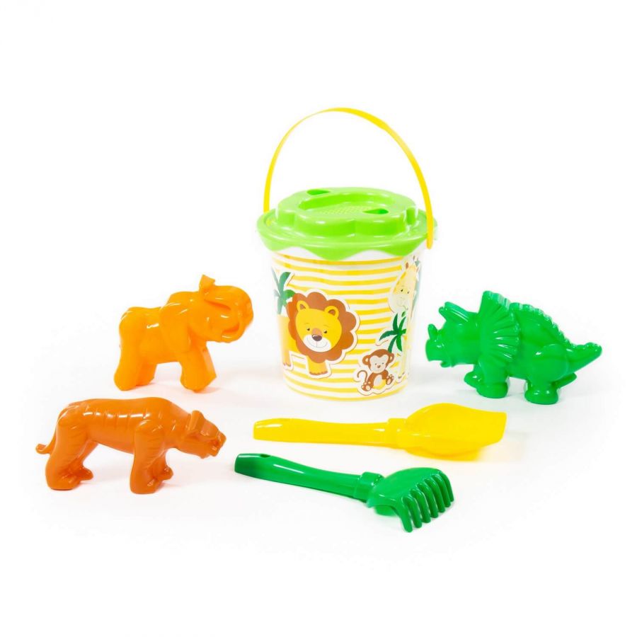 Набор №358: ведро с наклейкой, ситечко "Солнышко", лопатка №5, грабельки №5, формочки (тигр + мамонт + динозавр №1)
