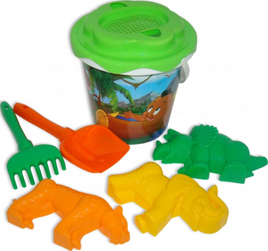 Набор №358: ведро с наклейкой, ситечко "Солнышко", лопатка №5, грабельки №5, формочки (тигр + мамонт + динозавр №1)