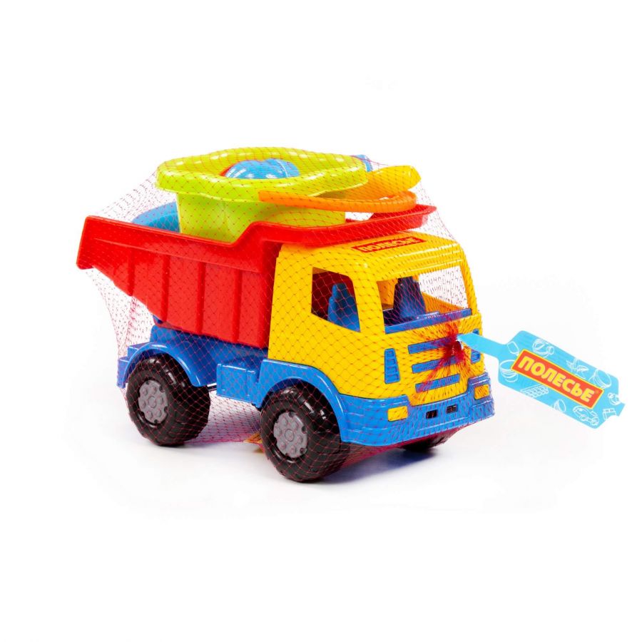 Набор №185: "Мираж", автомобиль-самосвал + ведро-цветок среднее, лопатка №5, грабельки №5, 4 формочки