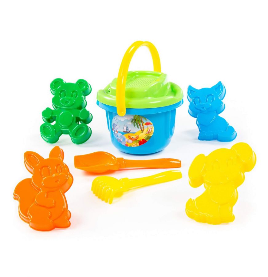 Набор №195: ведро большое, ситечко большое, лопатка №5, грабельки №5, формочки (белочка + пёсик + котёнок + медведь)