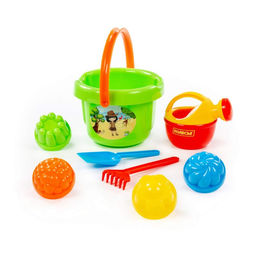 Набор №209: ведро большое, лопатка, грабельки, 4 формочки, лейка малая №4