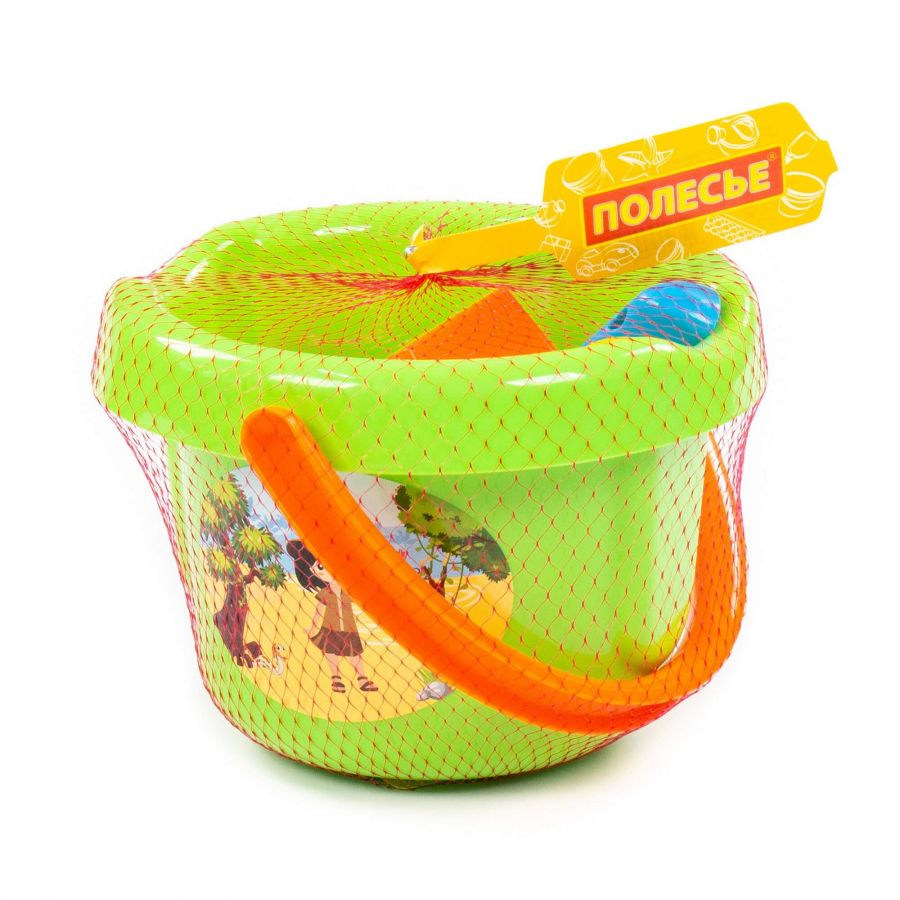 Набор №34: ведро большое, ситечко, совок №2, грабельки №2, формочки (самосвал + паровоз)