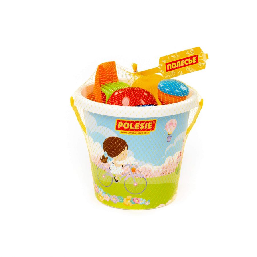 Набор №602: ведро большое с наклейкой, лопатка №5, грабельки №5, формочки "Фрукты" 4 шт, лейка №8