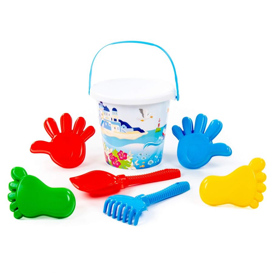Набор №604: ведро большое с наклейкой, лопата №6, грабли №6, формочки (2 ладошки + 2 ножки)
