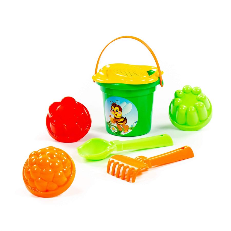 Набор №26: ведро малое, ситечко-цветок, совок №2, грабельки №2, 3 формочки