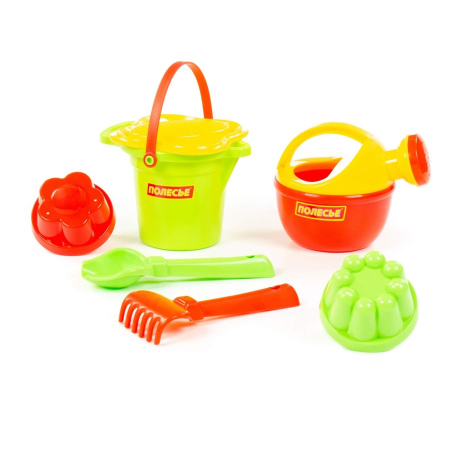 Набор №155: ведро малое с носиком, ситечко-цветок, совок №2, грабельки №2, 2 формочки, лейка малая №4
