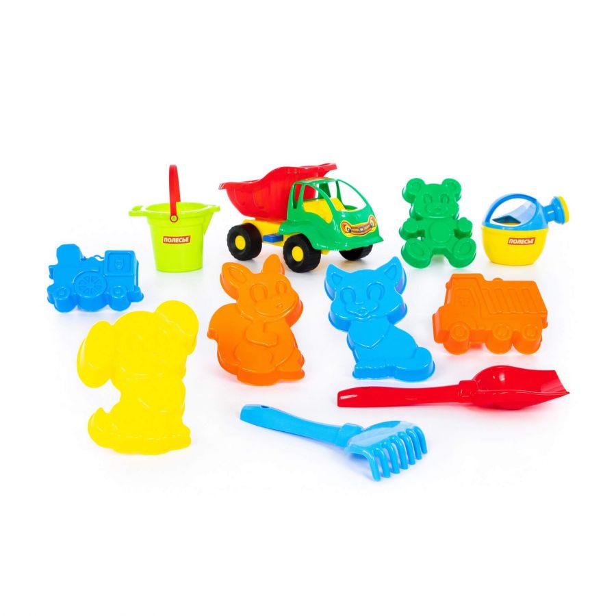 Набор №352 (в рюкзаке): "Муравей", автомобиль-самосвал + ведро малое с носиком, лопатка №5, грабельки №5, формочки 6 шт, лейка малая №4