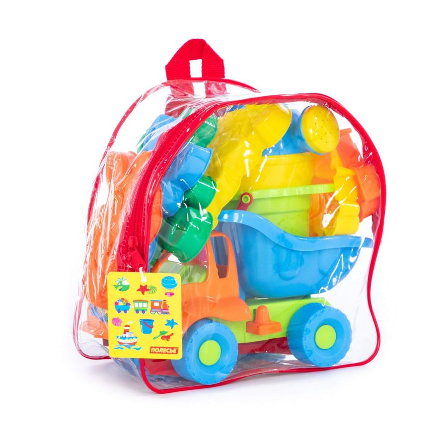 Набор №352 (в рюкзаке): "Муравей", автомобиль-самосвал + ведро малое с носиком, лопатка №5, грабельки №5, формочки 6 шт, лейка малая №4